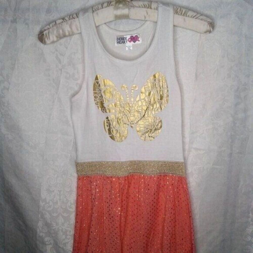 Derek Heart Girl Racer Tank Dress White Gold Coral Butterfly Love Sparkle 10/12